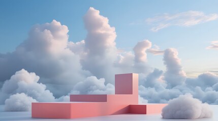 3. A visually striking 3D composition with a pink geometric podium set against a clean white background filled with minimal clouds, evoking a sense of calm and elegance