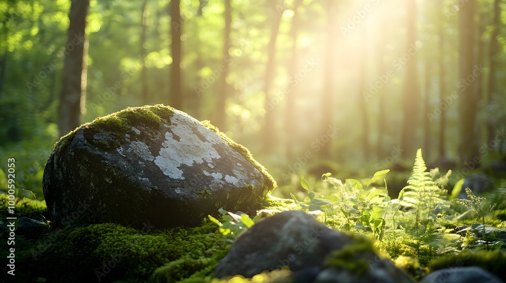 Poster 1. a serene forest scene featuring a moss-covered stone, surrounded by lush greenery and dappled sun