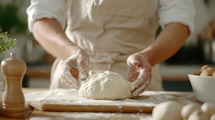 Fototapeta premium Close-Up of Baker Kneading Dough in Kitchen