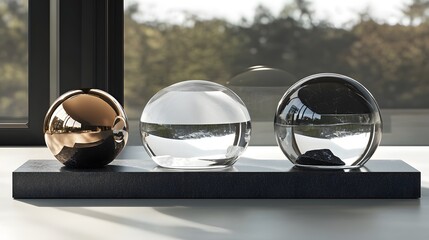 Smooth glass prisms, polished chrome orbs, and angular stone slabs arranged on a sleek modern surface