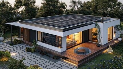 Modern Single-Story Home with Solar Panels and a Zen Garden, Sustainable Design for Eco-Friendly Living, 8k High-Resolution Image of Contemporary Architecture


