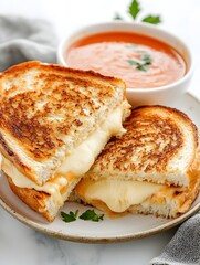 Crispy Grilled Cheese Sandwiches Served with Creamy Tomato Soup, Comfort Food Appetizer on Neutral Background