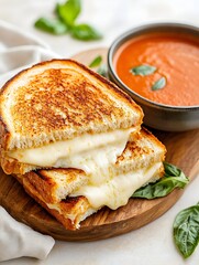 Crispy Grilled Cheese Sandwiches Served with Creamy Tomato Soup on Wooden Board