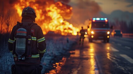 old van on fire in the background, paramedic truck parked on highway .