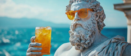 poster of greek god poseidon statue wearing yellow glasses and holding a drink, light blue background