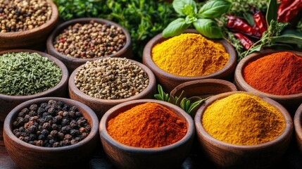 Colorful Spices and Herbs in Small Bowls