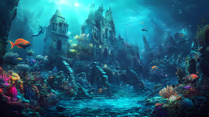 A mystical underwater kingdom hidden beneath the waves, where merfolk and sea creatures dwell amidst coral reefs and ancient ruins. illustration. Merfolk Kingdom. Illustration