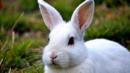 Obraz premium A white rabbit with big ears sits in a grassy field, looking alert.