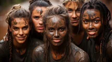 A group of people are covered in mud and dirt