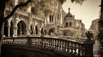 A city street with a bridge and a few trees