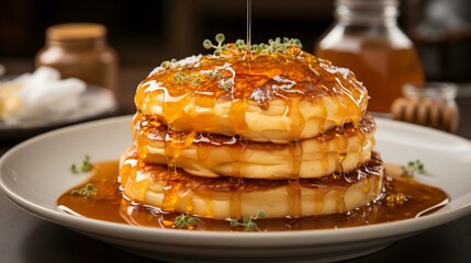 A stack of pancakes with syrup and herbs on top
