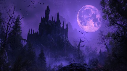 A towering gothic castle rises under a full moon, with a dense forest and barren trees surrounding it. The purple-toned night sky adds a mystical and eerie ambiance, creating a perfect setting for