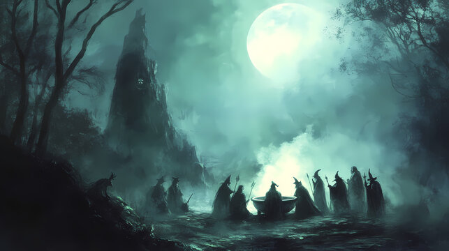 A coven of witches gather around a bubbling cauldron, chanting under the pale moonlight. Witch Coven. Illustration