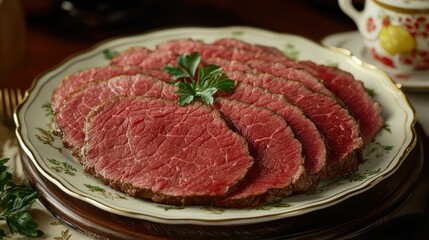 Fototapeta premium Slices of Perfectly Pink Roast Beef on Elegant Plate