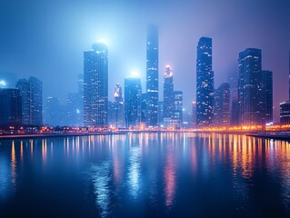 Fototapeta premium A misty cityscape at night with the lights of the buildings reflecting in the water.