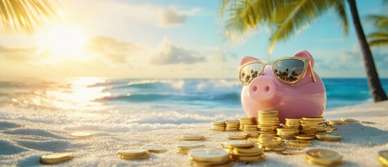 Piggy bank with stacks of gold coins on tropical beach sand for vacation savings and financial savings concept
