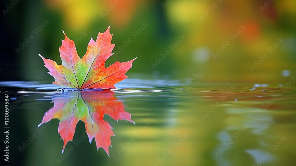 Poster a single red and yellow maple leaf floats on a calm body of water, its reflection creating a symmetr