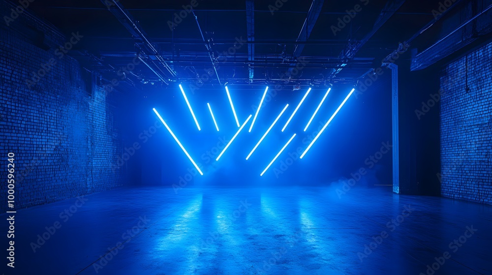 Poster 4. a dynamic scene showcasing a dark studio space with contrasting blue neon searchlights, focusing 