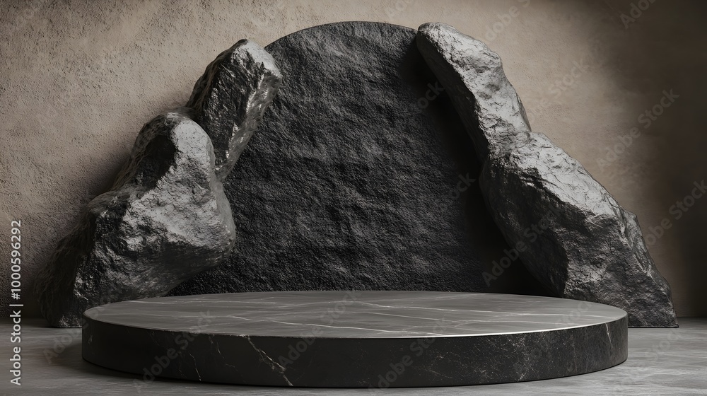 Poster 5. a high-quality 3d render of a rock-inspired round podium in a deep black finish, serving as an el