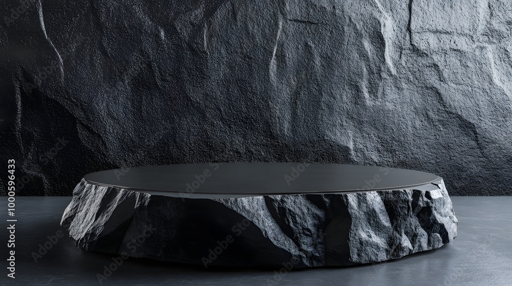 Aufkleber 5. a high-quality 3d render of a rock-inspired round podium in a deep black finish, serving as an el
