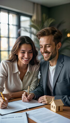 A joyful couple sits together, signing important documents with a miniature house nearby, marking their journey to homeownership. Ideal for real estate marketing, blogs, and social media