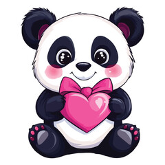 Obraz premium Vector Cute cartoon panda with a pink bow holding a heart-shaped Valentine's Day clip art