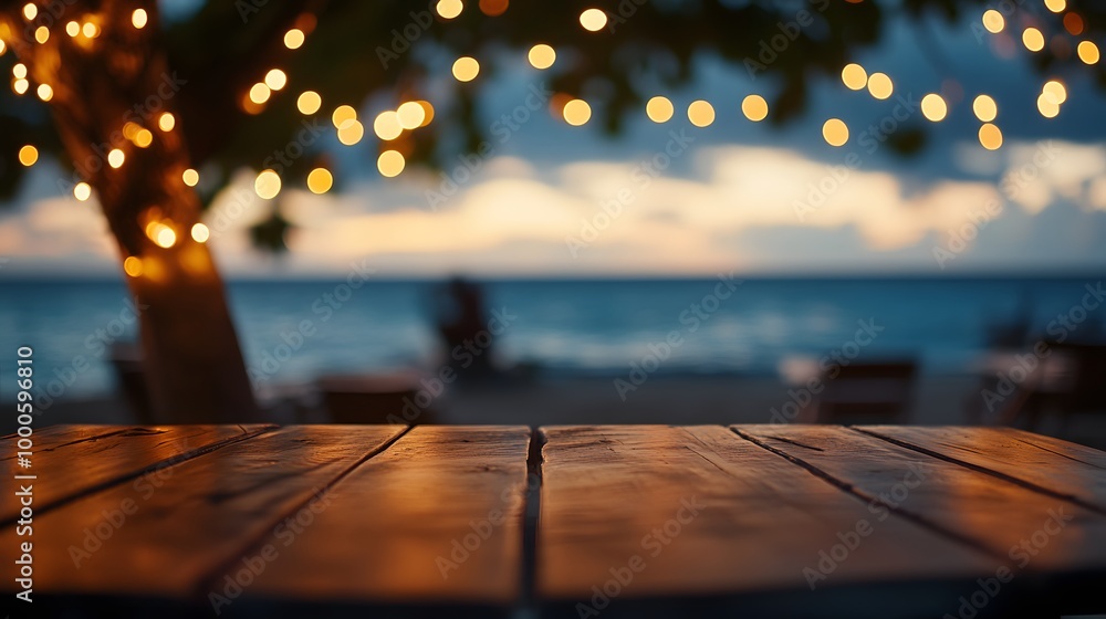 Aufkleber 1. a rustic wooden table set against a blurred beach cafe backdrop, adorned with bokeh lights twinkl