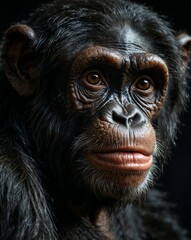 Naklejka premium 3 professional photo of chimpanzee close up candid in a dark room black background