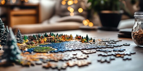 Naklejka premium A partially completed jigsaw puzzle depicting a landscape with trees and a lake, set on a wooden table with a jar of puzzle pieces in the background.
