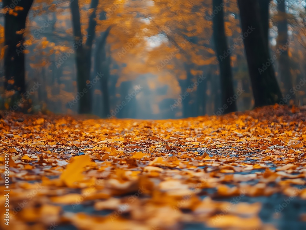 Poster a path through a forest in autumn, with fallen leaves and fog in the background.