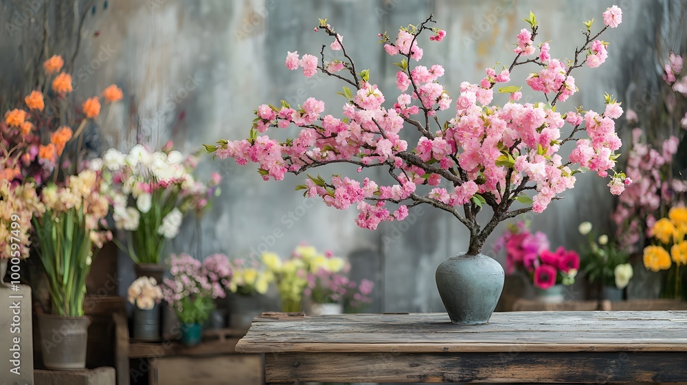 Poster 5. a charming spring setup with a pink sakura branch displayed on a rustic wooden table, surrounded 