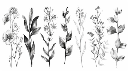 Naklejka premium Elegant Botanical of Diverse Flowers and Foliage Silhouettes in Monochrome Style
