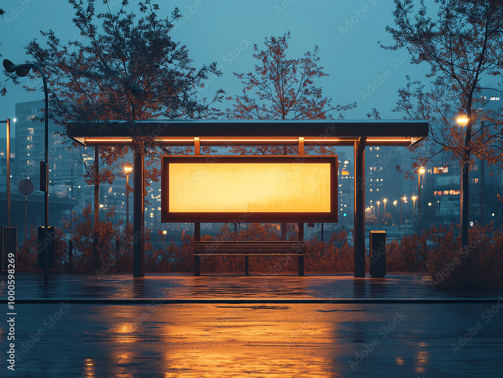 Wall mural model of an empty billboard at a bus stop, illuminated by lights, modern architecture, advertising s