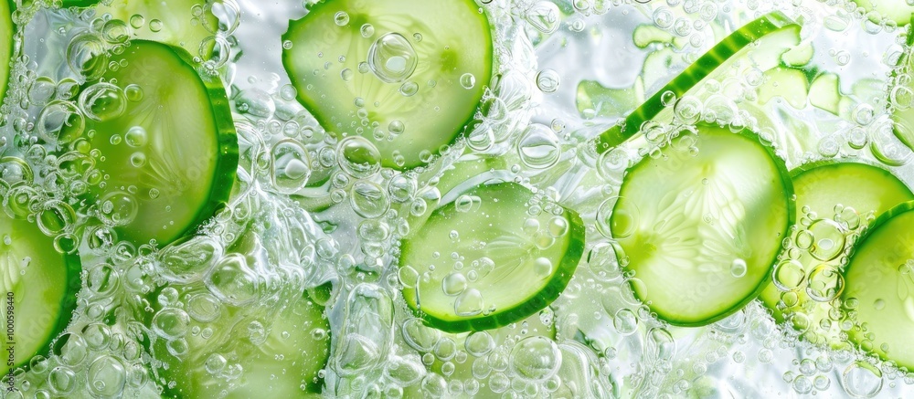 Poster a background of cucumber slices in water lots of cucumber slices swirled in water