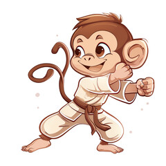 A cute cartoon monkey wearing a white karate uniform and a black belt, in a fighting stance, with a happy expression.