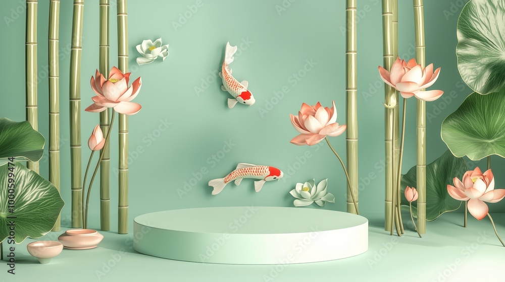 Poster serene 3d rendering of empty podium with bamboo and flowers