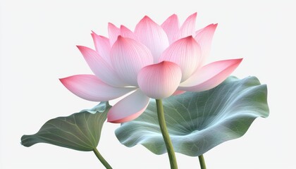 Pink Lotus Flower with Green Leaves Isolated on White Background