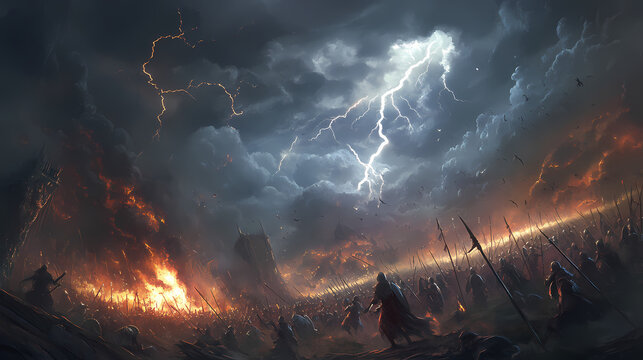 A mythical norse battlefield, where warriors are chosen by valkyries under a stormy sky, bound for valhalla. Valkyrie. Illustration