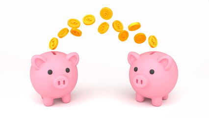 two piggy banks exchanging money, bank transfer concept, 3d render