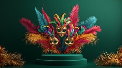 Obraz premium Vibrant 3D Podium with Colorful Feathers and Masks