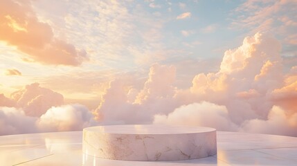 2. An elegant stone podium on a sunlit floor, surrounded by a serene outdoor setting and a backdrop of soft pink and gold clouds, creating a perfect display for cosmetic product promotions