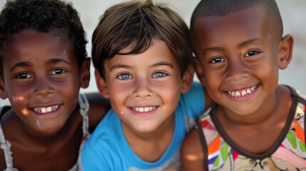 A close-up of three kids from diverse backgrounds, smiling warmly