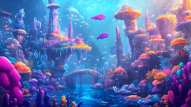 A whimsical underwater kingdom inhabited by merfolk and colorful sea creatures generated by ai. Merfolk Kingdom. Illustration