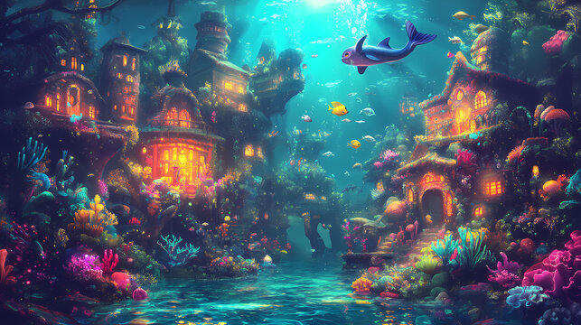 A whimsical underwater kingdom inhabited by merfolk and colorful sea creatures generated by ai. Merfolk Kingdom. Illustration
