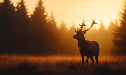 silhouette of a red deer stag in a beautiful forrest clearing , Generative AI