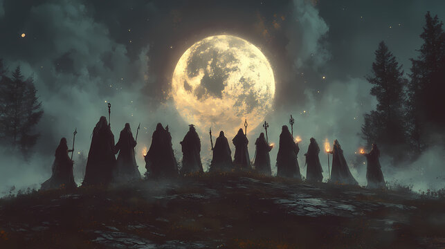 A witches coven gathers under the full moon, casting spells and invoking ancient powers to further their mystical agenda. generated by ai. Witch Coven. Illustration