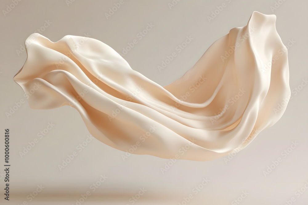 Poster 3d render of an abstract shape in beige silk fabric floating on a neutral background. creative desig