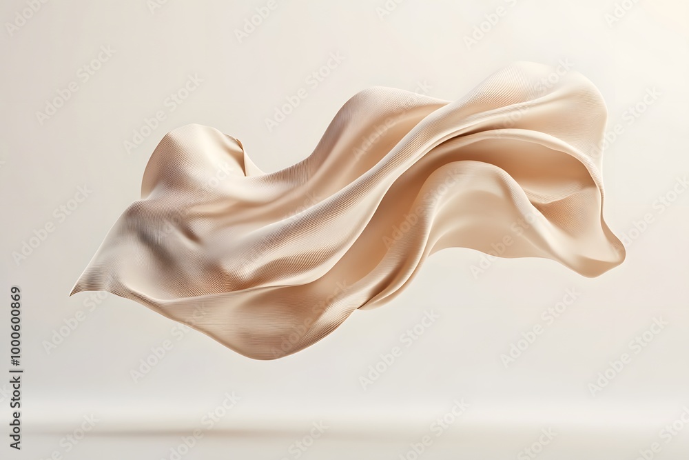 Poster 3d render of an abstract shape in beige silk fabric floating on a neutral background. creative desig