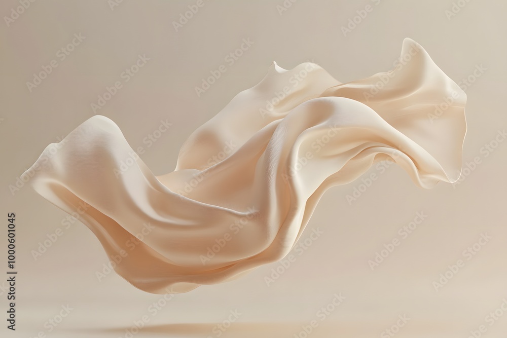 Poster 3d render of an abstract shape in beige silk fabric floating on a neutral background. creative desig