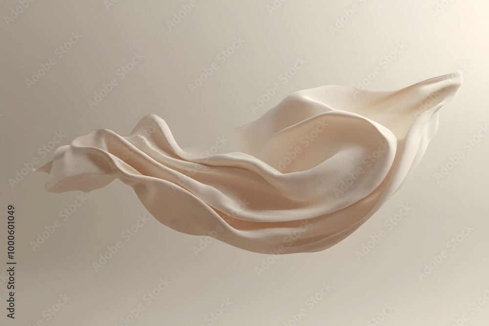 Poster 3d render of an abstract shape in beige silk fabric floating on a neutral background. creative desig